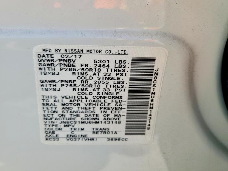 Aukcja sprzedaży 2017 Infiniti Qx70, vin: JN8CS1MU6HM143148, numer aukcji: 79426165