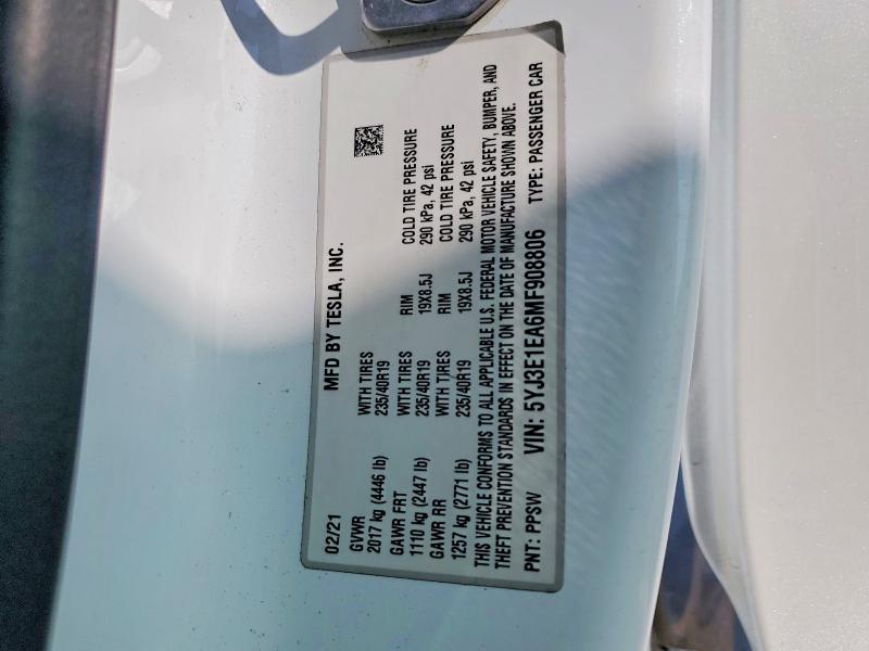 76315325 :رقم المزاد ، 5YJ3E1EA6MF908806 vin ، 2021 Tesla Model 3 مزاد بيع