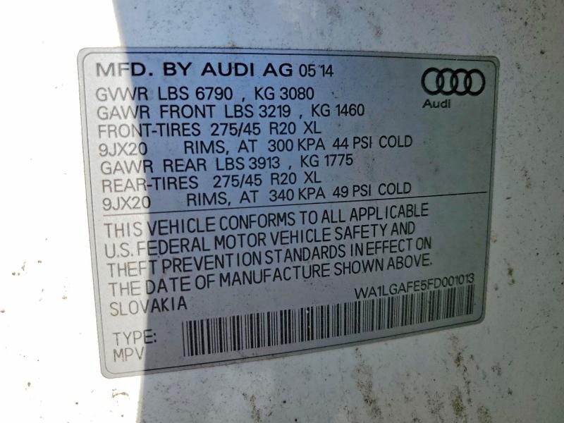 2015 Audi Q7 მანქანა იყიდება აუქციონზე, vin: WA1LGAFE5FD001013, აუქციონის ნომერი: 77323255