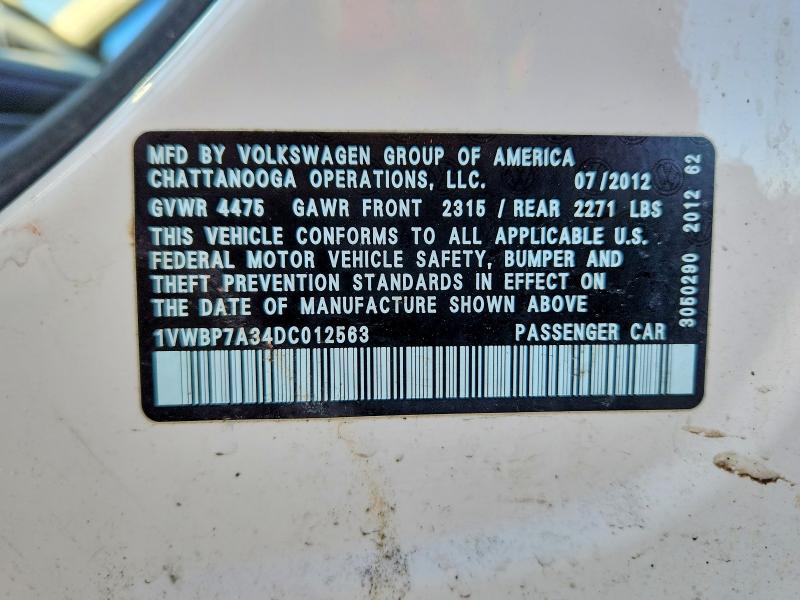 76024775 :رقم المزاد ، 1VWBP7A34DC012563 vin ، 2013 Volkswagen Passat مزاد بيع