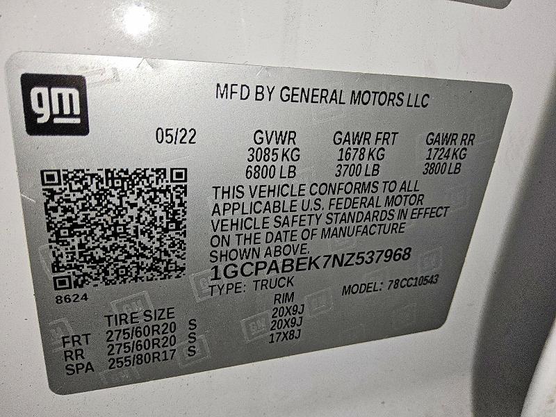 Продаж на аукціоні авто 2022 Chevrolet Silverado, vin: 1GCPABEK7NZ537968, номер лоту: 78691665