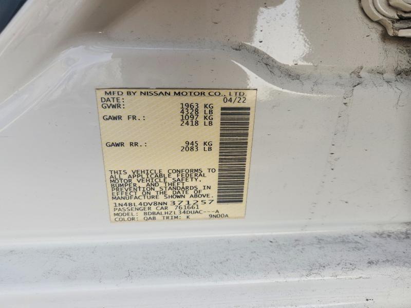 2022 Nissan Altima მანქანა იყიდება აუქციონზე, vin: 1N4BL4DV8NN371257, აუქციონის ნომერი: 74977505