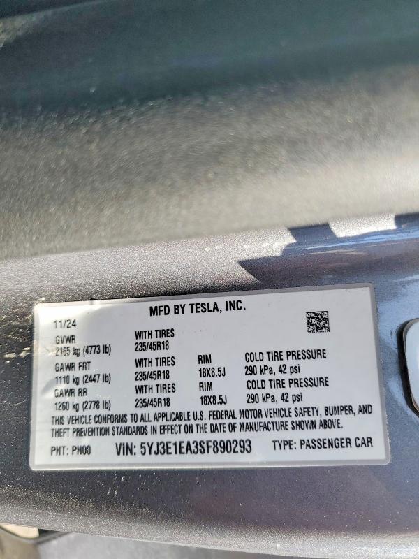 2025 Tesla Model 3 მანქანა იყიდება აუქციონზე, vin: 5YJ3E1EA3SF890293, აუქციონის ნომერი: 78268885