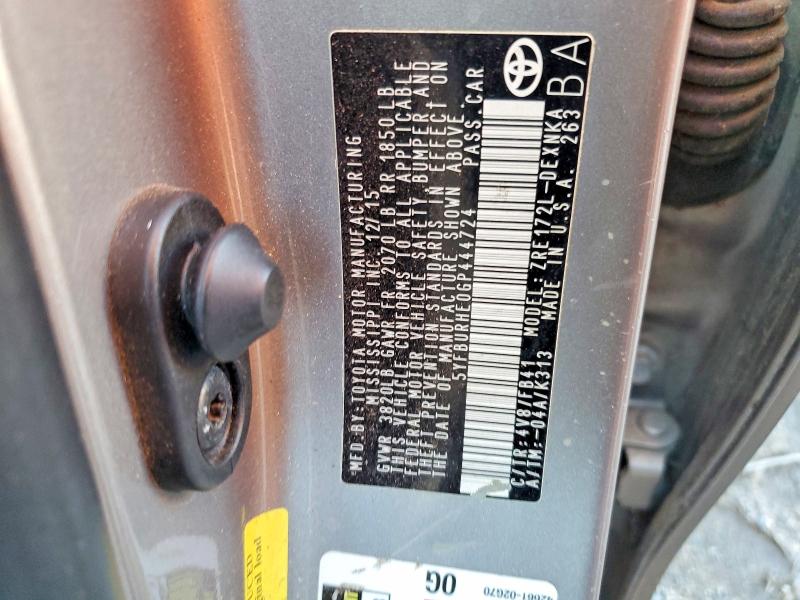 Aukcja sprzedaży 2016 Toyota Corolla, vin: 5YFBURHE0GP444724, numer aukcji: 75490895