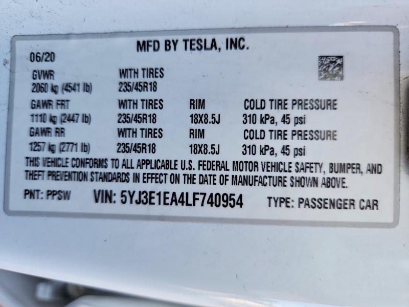 Auction sale of the 2020 Tesla Model 3, vin: 5YJ3E1EA4LF740954, lot number: 75483665
