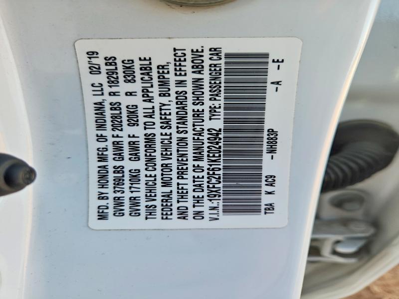 2019 Honda Civic მანქანა იყიდება აუქციონზე, vin: 19XFC2F61KE024942, აუქციონის ნომერი: 75633305