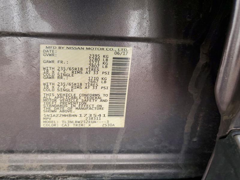 77898255 :رقم المزاد ، 5N1AZ2MH8HN173541 vin ، 2017 Nissan Murano مزاد بيع