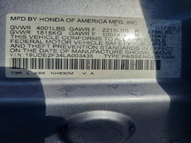 78283255 :رقم المزاد ، 19UDE2F34LA003435 vin ، 2020 Acura Ilx مزاد بيع