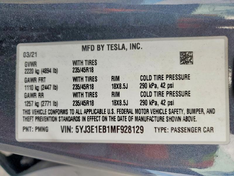 Aukcja sprzedaży 2021 Tesla Model 3, vin: 5YJ3E1EB1MF928129, numer aukcji: 78614295