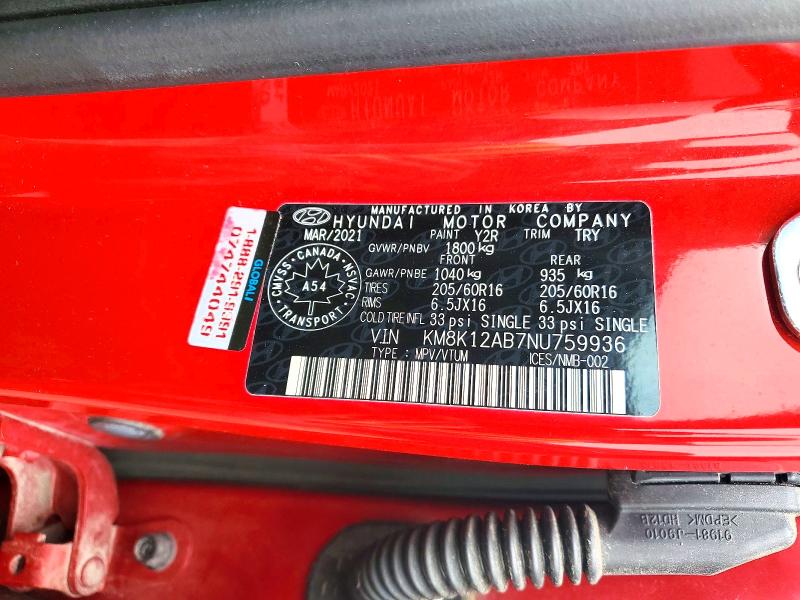 79055995 :رقم المزاد ، KM8K12AB7NU759936 vin ، 2022 Hyundai Kona مزاد بيع