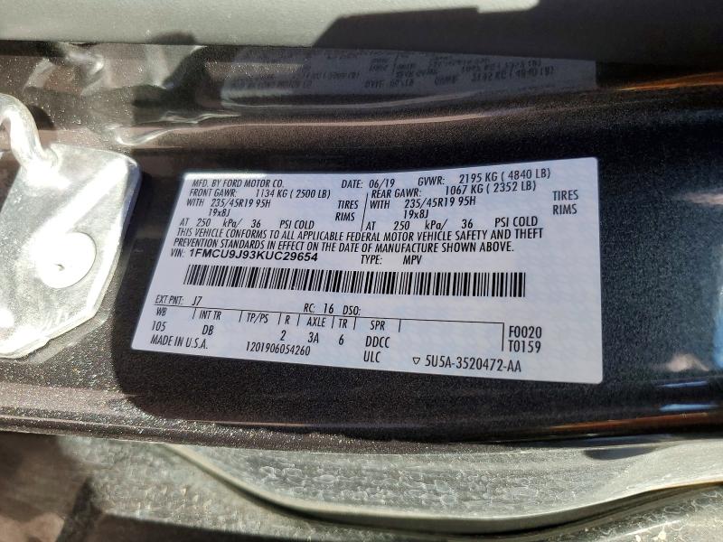 Auction sale of the 2019 Ford Escape, vin: 1FMCU9J93KUC29654, lot number: 76254105