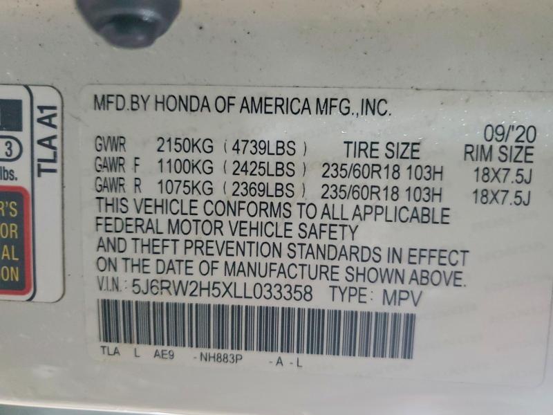 2020 Honda Cr-v მანქანა იყიდება აუქციონზე, vin: 5J6RW2H5XLL033358, აუქციონის ნომერი: 79057495