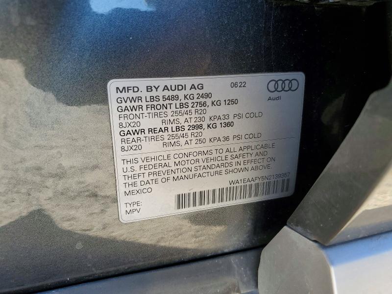 75677655 :رقم المزاد ، WA1EAAFY5N2139357 vin ، 2022 Audi Q5 مزاد بيع