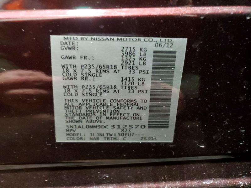 76468305 :رقم المزاد ، 5N1AL0MM9DC312570 vin ، 2013 Infiniti Jx35 مزاد بيع