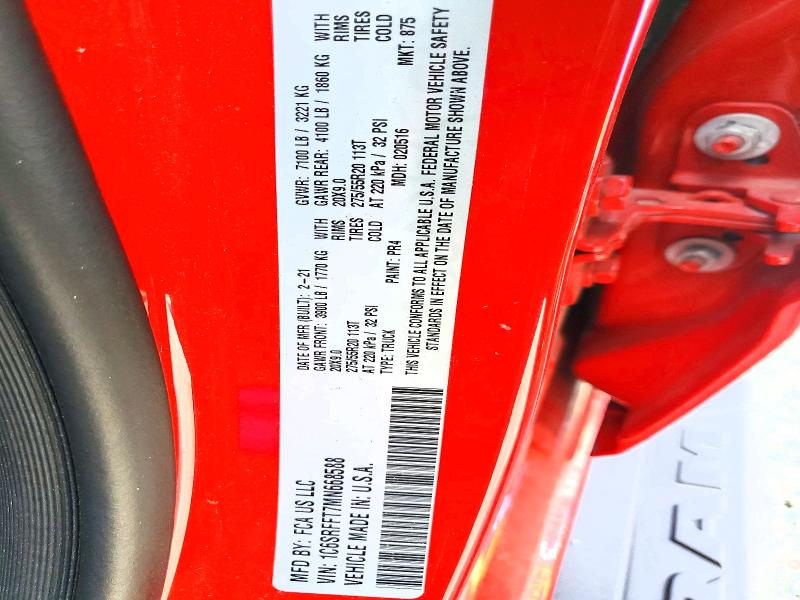 Продаж на аукціоні авто 2021 Ram 1500, vin: 1C6SRFFT7MN668588, номер лоту: 77587955