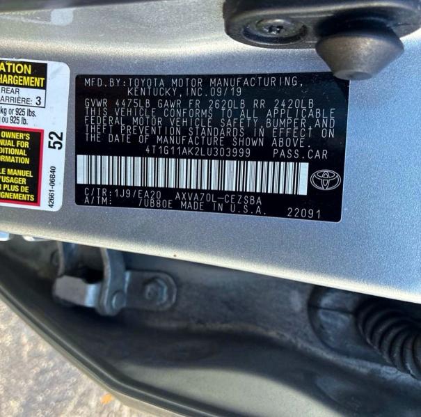 Aukcja sprzedaży 2020 Toyota Camry, vin: 4T1G11AK2LU303999, numer aukcji: 79281575