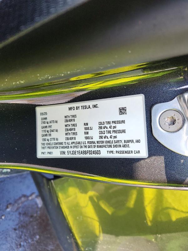 Aukcja sprzedaży 2025 Tesla Model 3, vin: 5YJ3E1EA9SF024503, numer aukcji: 78698105