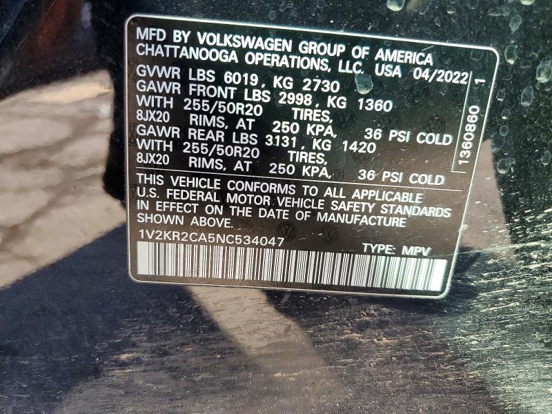 Продаж на аукціоні авто 2022 Volkswagen Atlas, vin: 1V2KR2CA5NC534047, номер лоту: 78765105
