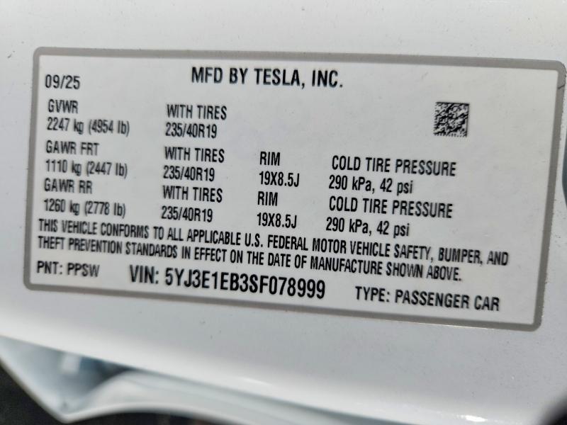 Продажа на аукционе авто 2025 Tesla Model 3, vin: 5YJ3E1EB3SF078999, номер лота: 76371655