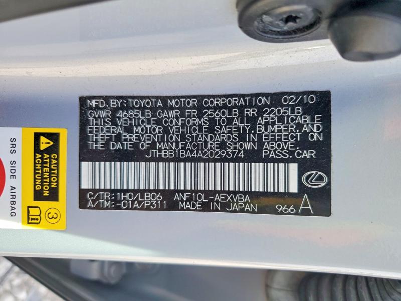 78896125 :رقم المزاد ، JTHBB1BA4A2029374 vin ، 2010 Lexus Hs 250h مزاد بيع