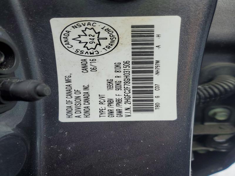2016 Honda Civic მანქანა იყიდება აუქციონზე, vin: 2HGFC2F78GH031506, აუქციონის ნომერი: 75094155