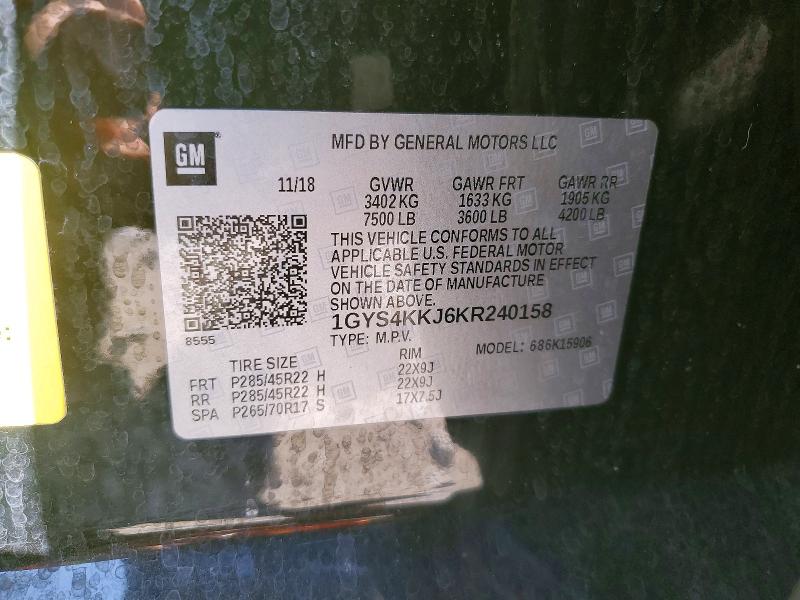 2019 Cadillac Escalade მანქანა იყიდება აუქციონზე, vin: 1GYS4KKJ6KR240158, აუქციონის ნომერი: 77424665