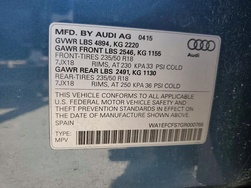 78556635 :رقم المزاد ، WA1EFCFS7GR000768 vin ، 2016 Audi Q3 مزاد بيع