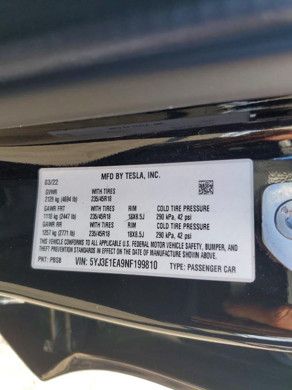 Aukcja sprzedaży 2022 Tesla Model 3, vin: 5YJ3E1EA9NF199810, numer aukcji: 77676515