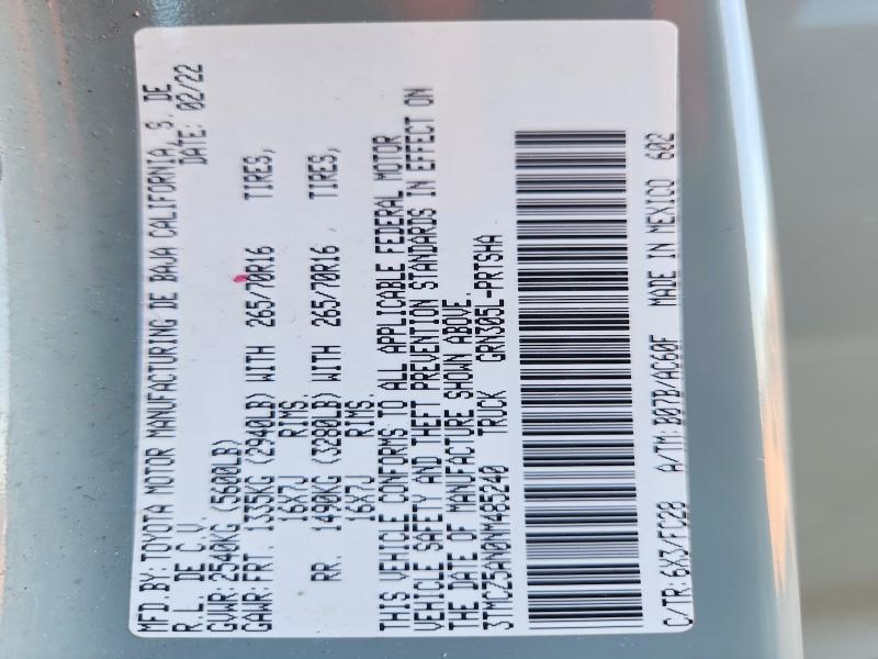Aukcja sprzedaży 2022 Toyota Tacoma, vin: 3TMCZ5AN0NM485240, numer aukcji: 77565285