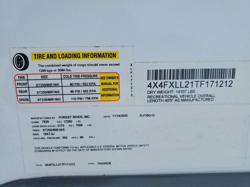 74550755 :رقم المزاد ، 4X4FXLL21TF171212 vin ، 2026 Wildwood Xlr مزاد بيع