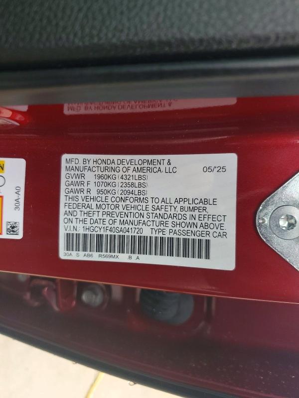 Продажа на аукционе авто 2025 Honda Accord, vin: 1HGCY1F40SA041720, номер лота: 78657695