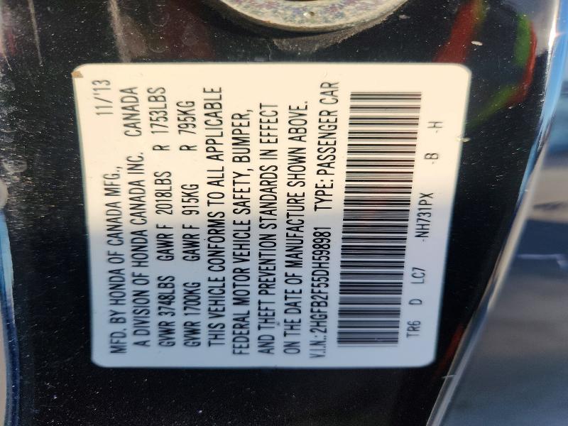 Продажа на аукционе авто 2013 Honda Civc, vin: 2HGFB2F55DH598981, номер лота: 74858995