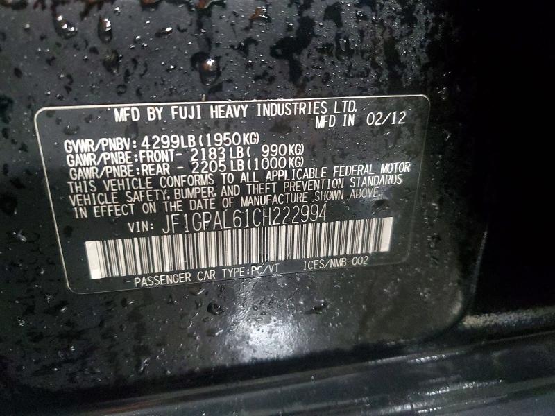 75088205 :رقم المزاد ، JF1GPAL61CH222994 vin ، 2012 Subaru Impreza مزاد بيع