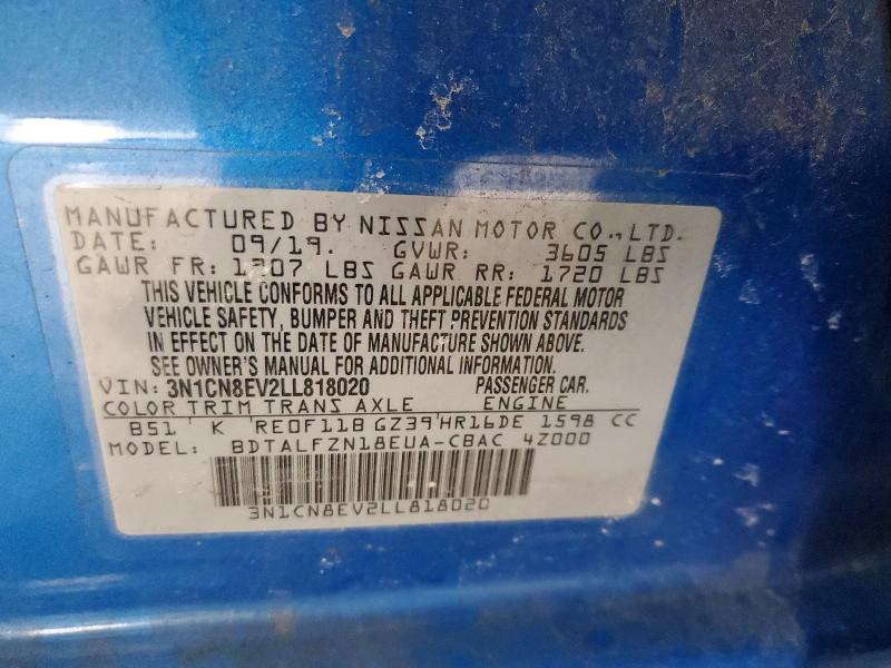 2020 Nissan Versa მანქანა იყიდება აუქციონზე, vin: 3N1CN8EV2LL818020, აუქციონის ნომერი: 78790675