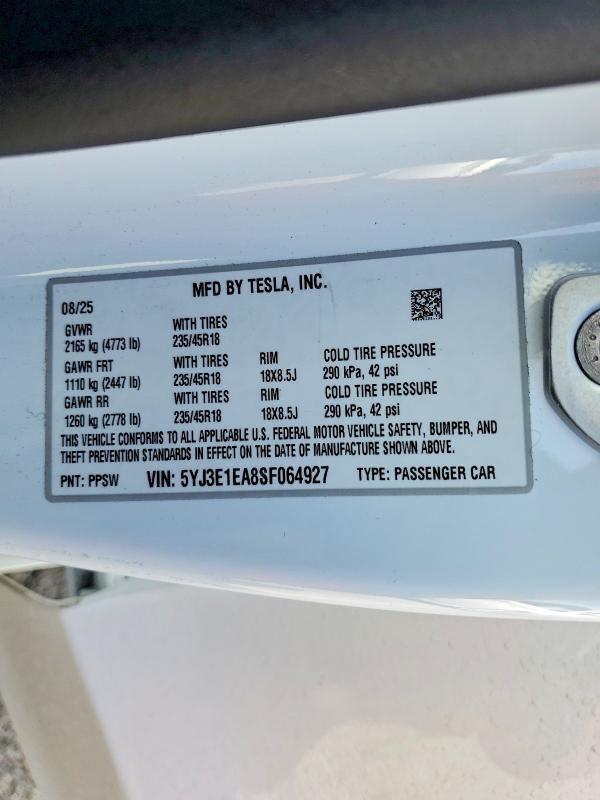 Aukcja sprzedaży 2025 Tesla Model 3, vin: 5YJ3E1EA8SF064927, numer aukcji: 78464245