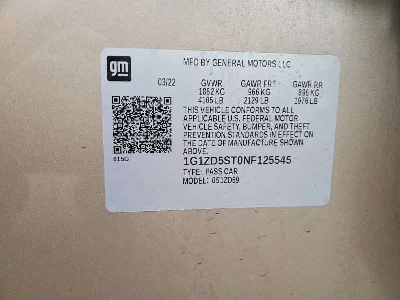 Aukcja sprzedaży 2022 Chevrolet Malibu, vin: 1G1ZD5ST0NF125545, numer aukcji: 77430975