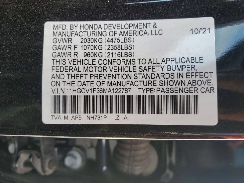 Продажа на аукционе авто 2021 Honda Accord, vin: 1HGCV1F36MA122787, номер лота: 78590525