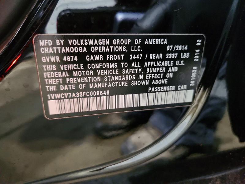 2015 Volkswagen Passat მანქანა იყიდება აუქციონზე, vin: 1VWCV7A33FC008646, აუქციონის ნომერი: 77224855