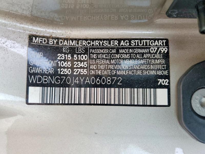 Продажа на аукционе авто 2000 Mercedes-benz S, vin: WDBNG70J4YA060872, номер лота: 78033005