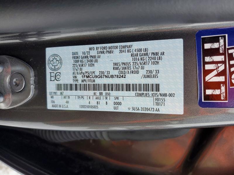 78758375 :رقم المزاد ، 1FMCU9G67NUB78242 vin ، 2022 Ford Escape مزاد بيع