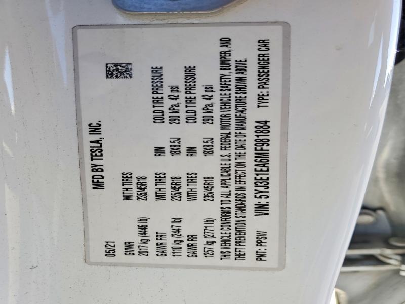 Aukcja sprzedaży 2021 Tesla Model 3, vin: 5YJ3E1EA6MF981884, numer aukcji: 74511795