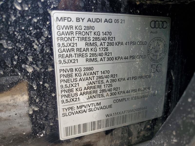 2021 Audi Q7 მანქანა იყიდება აუქციონზე, vin: WA1MXAF79MD039444, აუქციონის ნომერი: 76062285