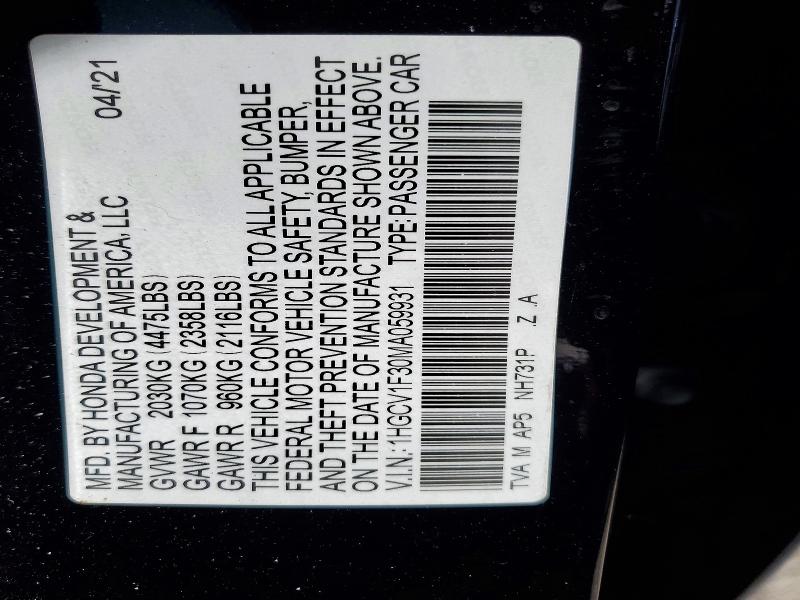 Продажа на аукционе авто 2021 Honda Accord, vin: 1HGCV1F30MA059931, номер лота: 76235335