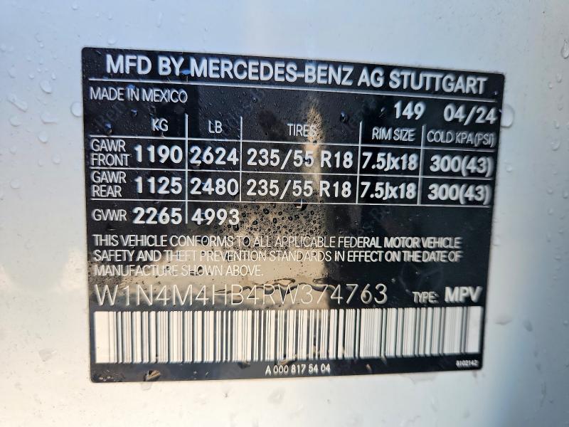 Продажа на аукционе авто 2024 Mercedes-benz Glb, vin: W1N4M4HB4RW374763, номер лота: 76574495
