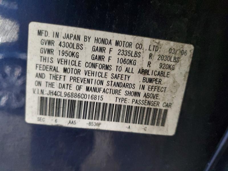 2006 Acura Tsx მანქანა იყიდება აუქციონზე, vin: JH4CL96886C016815, აუქციონის ნომერი: 78125305