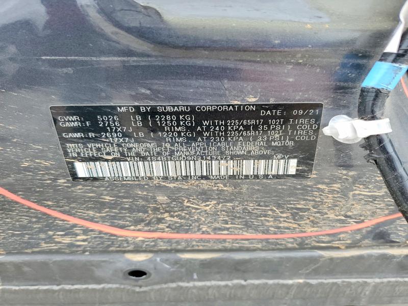 Aukcja sprzedaży 2022 Subaru Outback, vin: 4S4BTGUD9N3143472, numer aukcji: 78637975