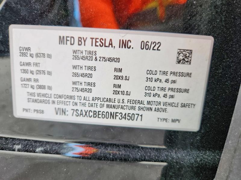75915925 :رقم المزاد ، 7SAXCBE60NF345071 vin ، 2022 Tesla Model X مزاد بيع
