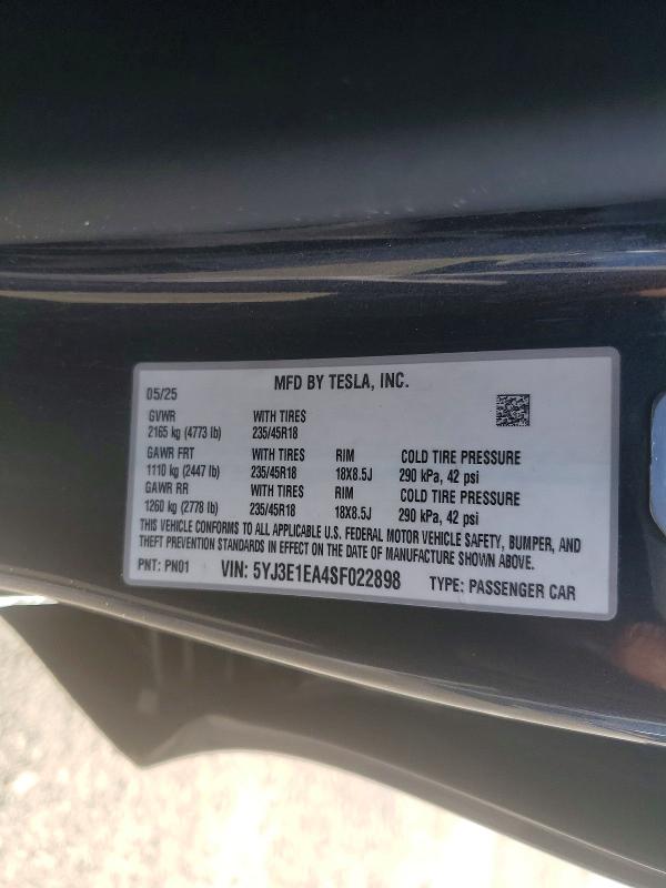 Aukcja sprzedaży 2025 Tesla Model 3, vin: 5YJ3E1EA4SF022898, numer aukcji: 77317515