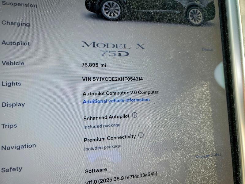 77586415 :رقم المزاد ، 5YJXCDE2XHF054314 vin ، 2017 Tesla Model X مزاد بيع