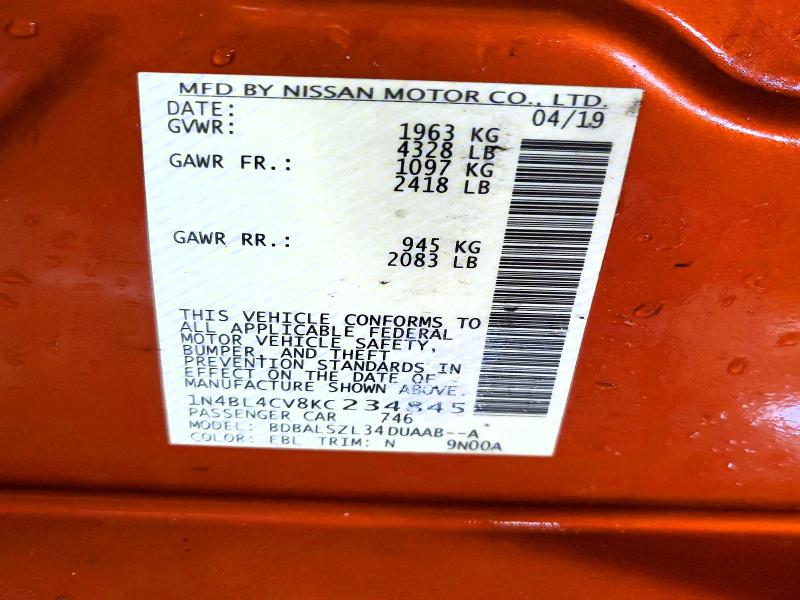 75213525 :رقم المزاد ، 1N4BL4CV8KC234845 vin ، 2019 Nissan Altima مزاد بيع